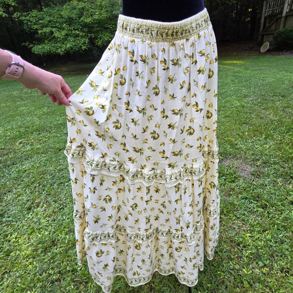Max Studio London Lemon Print Yellow Womens Large Maxi Skirt Tiered Boho Summer